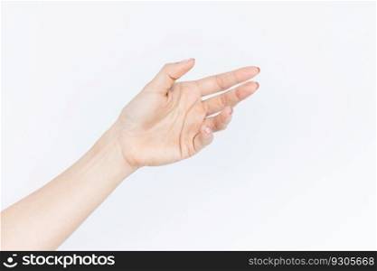 Beautiful asian woman hand isolated on white background, Empty open woman hand on white background, Female hand on white background.