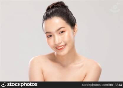 Beautiful Asian woman looking at camera smile with clean and fresh skin Happiness and cheerful with positive emotional,isolated on white background,Beauty Cosmetics and spa Facial treatment Concept