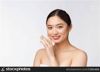 Beautiful asian woman makeup of cosmetic, girl hand touch cheek and smile, face of beauty perfect with wellness isolated on white background. Beautiful asian woman makeup of cosmetic, girl hand touch cheek and smile, face of beauty perfect with wellness isolated on white background.