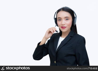 Beautiful asian woman smiling customer service talking on headset. Business concept.