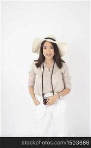 Beautiful Asian woman tourist on white background