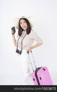 Beautiful Asian woman tourist on white background