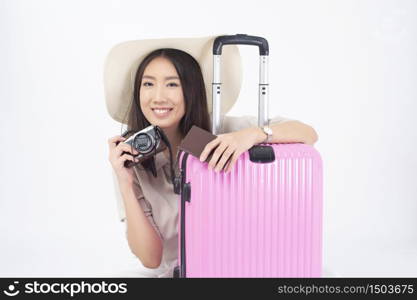 Beautiful Asian woman tourist on white background