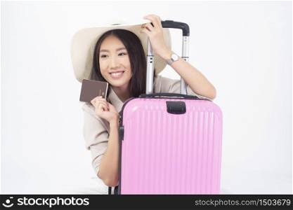 Beautiful Asian woman tourist on white background