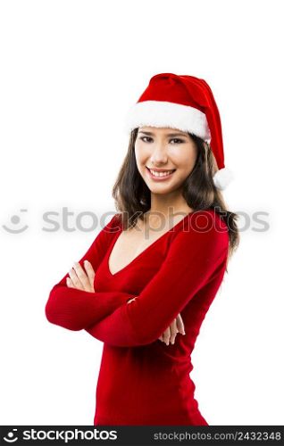 Beautiful asian woman wearing Santa’s hat isolated on white