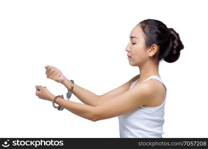 Beautiful Asian woman with pure face and her hand in shackle,She can not make up with a copy space, view beside
