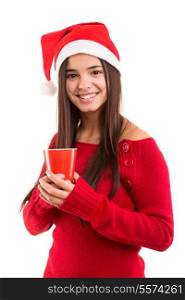 Beautiful asian woman with santa claus hat holding a cup of tea