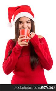 Beautiful asian woman with santa claus hat holding a cup of tea
