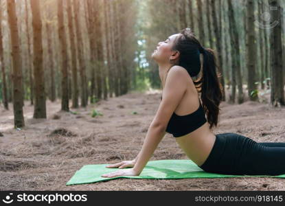 Beautiful Asian young woman doing yoga and planking on green mat in forest. Exercise and meditation concept. Peaceful and countryside concept