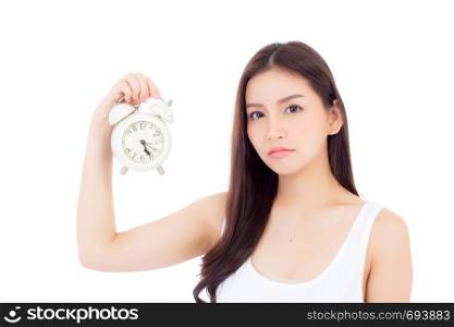 Beautiful asian young woman holding alarm clock, Portrait of woman with wake up, girl with isolated on white background, time with deadline concept.