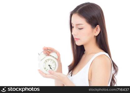 Beautiful asian young woman holding alarm clock, Portrait of woman with wake up, girl with isolated on white background, time with deadline concept.