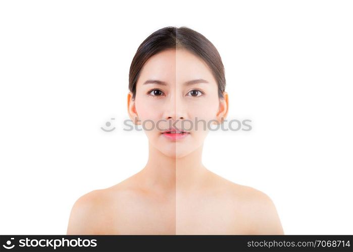 beautiful asian young woman on a white background, beauty concept. retouch before and after.face divided in two parts, poor condition the skin in good condition