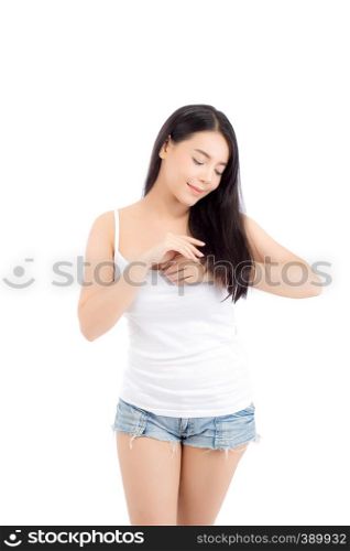 Beautiful asian young woman smiling and touch hair, beauty of girl asia, isolated on white background.