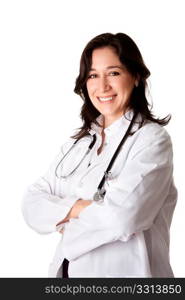 Beautiful attractive happy smiling female doctor physician nurse standing with arms crossed, isolated.