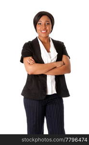 Beautiful attractive smiling corporate business woman standing with arms crossed, isolated.