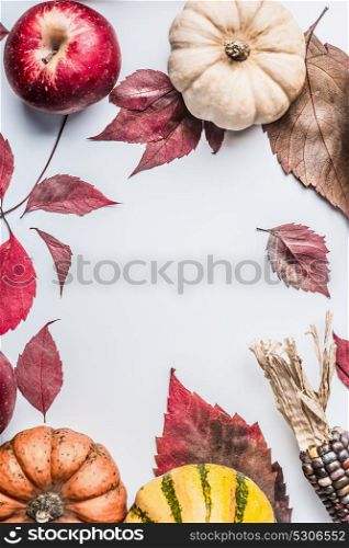 Beautiful autumn background with various colorful pumpkin, apples and fall leaves on white table background, top view, frame
