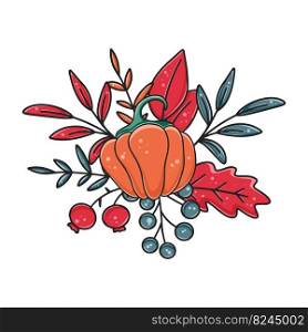 Beautiful autumn decor with orange pumpkin leaves and berries. Fall natural composition with leaves and vegetables. Bright seasonal isolated vector illustration. Beautiful autumn decor with orange pumpkin leaves and berries