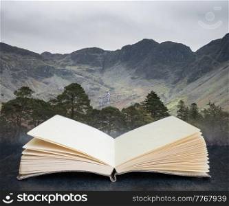 Beautiful Autumn Fall landscape image of Lake Buttermere in Lake District England in composite image coming out of pages in reading book