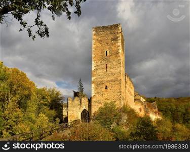 Beautiful autumn landscape in Austria with a nice old ruin of Kaja Castle. National Park Thaya Valley, Lower Austria.