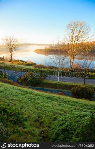 beautiful autumn landscape morning fog over the river Co.Cork, Ireland Europe