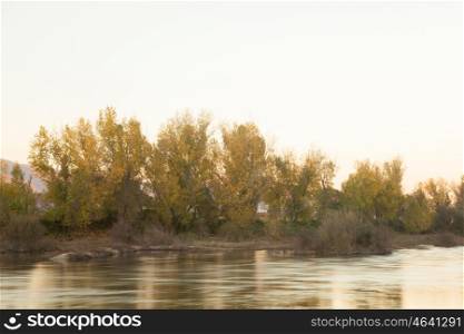 Beautiful autumn landscape. Trees along the banks of a river.