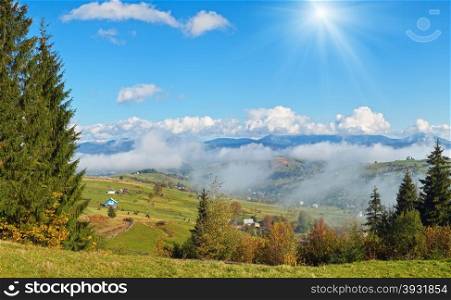 Beautiful autumn morning near Carpathian village outskirts (Carpathian mountain, Ukraine)