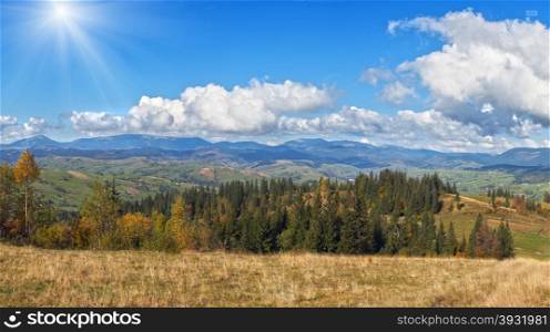 Beautiful autumn morning near Carpathian village outskirts (Carpathian mountain, Ukraine)