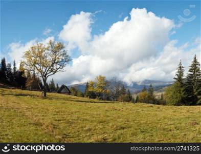 Beautiful autumn morning near Carpathian village outskirts (Carpathian mountain, Ukraine). Three shots stitch image.