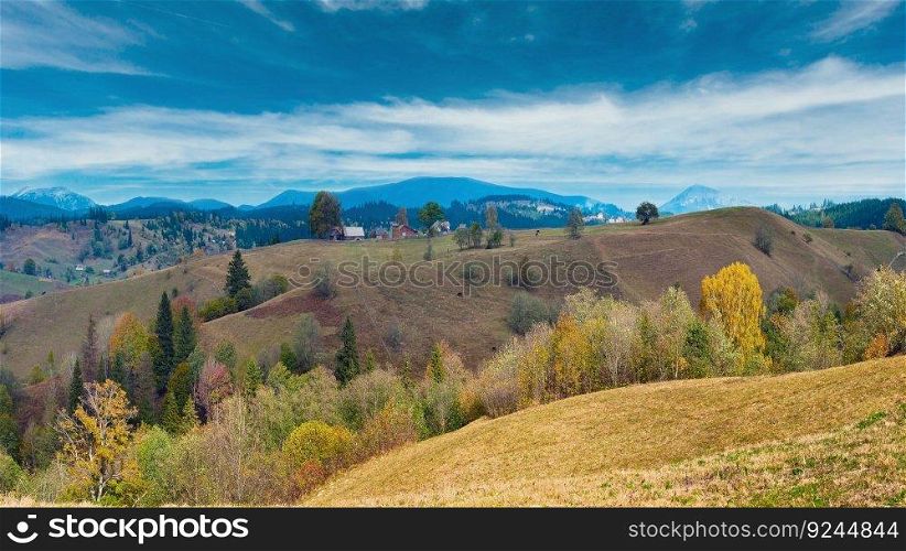 Beautiful autumn mountain country panorama  Carpathian. Ukraine .