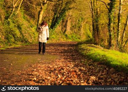 Beautiful autumn pathway. Co.Cork, Ireland Europe. Woman middle aged walking relaxing outdoor. Sunny day orange fall leaves.