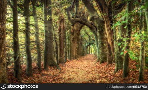Beautiful autumn romantic tree tunnel. Natural tree tunnel in teh Netherlands.. Love tunnel in autumn. Autumn forest tunnel of love.