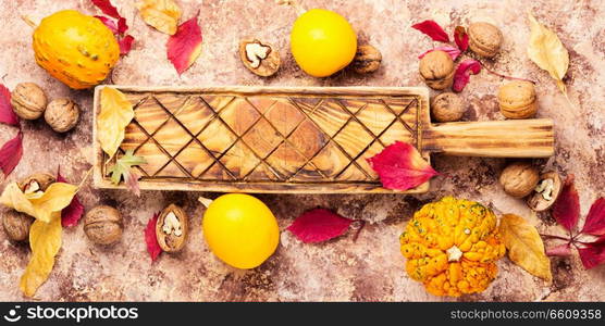 Beautiful autumn seasonal background with pumpkins .Autumn nature concept. Autumn harvest pumpkin