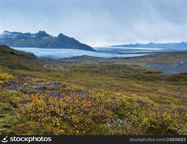 Beautiful autumn view from Mulagljufur Canyon to Fjallsarlon glacier with Breidarlon ice lagoon, Iceland. Not far from Ring Road and at the south end of Vatnajokull icecap and Oraefajokull volcano.
