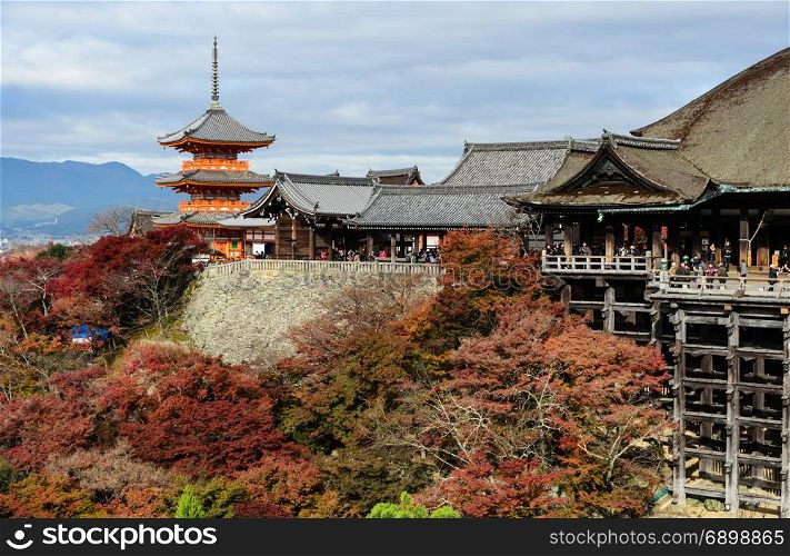 Beautiful autumn view of ancient wooden architecture at Kiyomizu-dera Temple in Kyoto, Japan