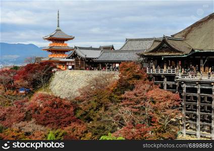 Beautiful autumn view of ancient wooden architecture at Kiyomizu-dera Temple in Kyoto, Japan
