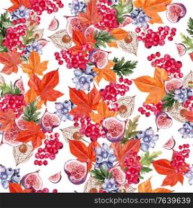 Beautiful autumn watercolor pattern with leaves, blueberries, viburnum berries, physales and figs. Illustration. Beautiful autumn watercolor pattern with leaves, blueberries, viburnum berries, physales and figs.