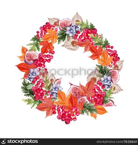 Beautiful autumn watercolor wreath with leaves, blueberries, viburnum berries, physales and figs. Illustration. Beautiful autumn watercolor wreath with leaves, blueberries, viburnum berries, physales and figs.