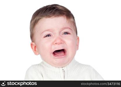Beautiful baby crying isolated on white background