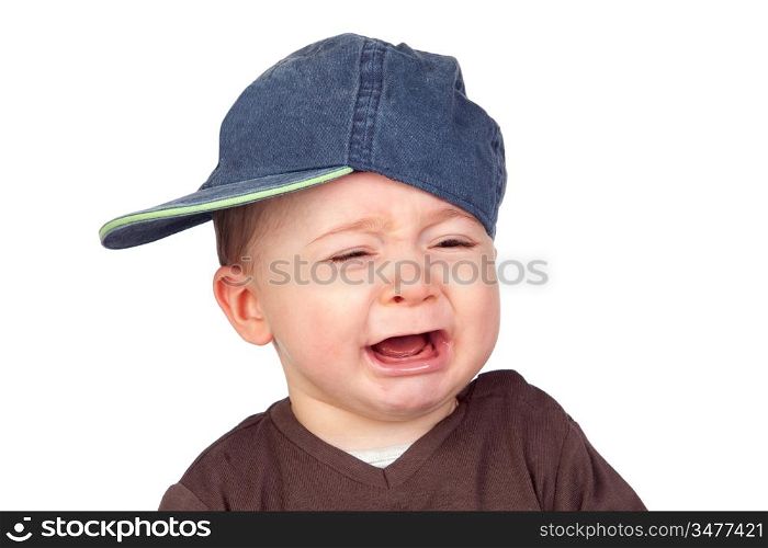 Beautiful baby crying with a cap isolated on white background