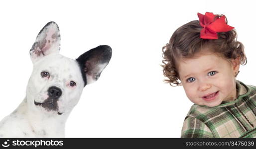 Beautiful baby girl and funny dog isolated on a over white background