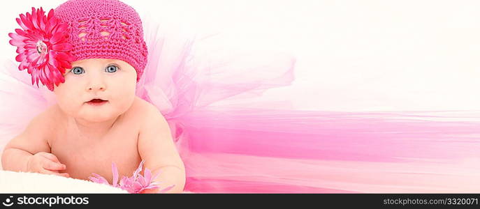 Beautiful baby girl in ADD TEXT background wearing pink flower hat and pink tutu over white.