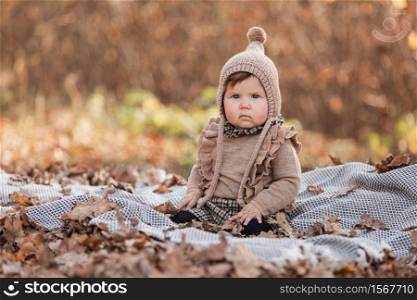 Beautiful baby girl sitting on the plaid. Child outdoor. Baby at picnic in autumn park on sunny day. Pretty little girl. Beautiful baby girl sitting on the plaid. Child outdoor. Baby at picnic in autumn park on sunny day. Pretty little girl.