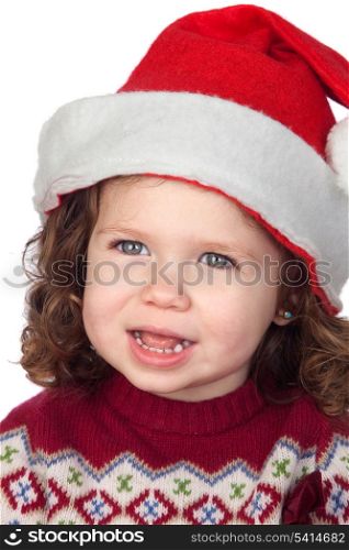 Beautiful baby girl with Christmas cap isolated over white background
