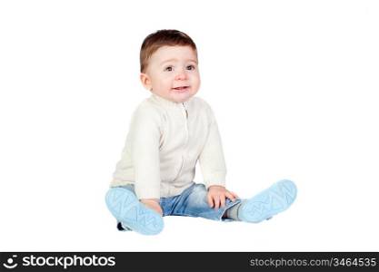 Beautiful baby sit on the floor isolated on white background