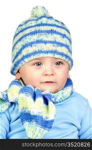 Beautiful baby warm with hat and scarf isolated on white background