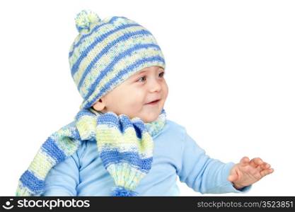 Beautiful baby warm with hat and scarf isolated on white background