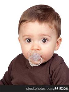Beautiful baby with a pacifier isolated on white background