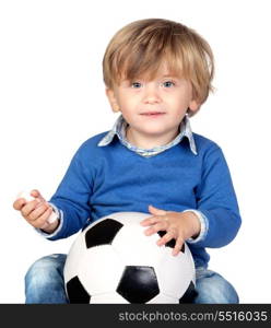 Beautiful baby with a soccer ball isolated on white background