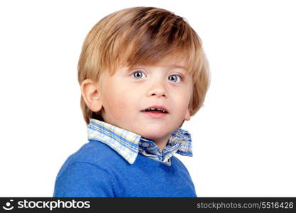 Beautiful baby with blue jersey isolated on white background