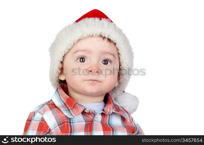 Beautiful baby with Christmas hat isolated on white background